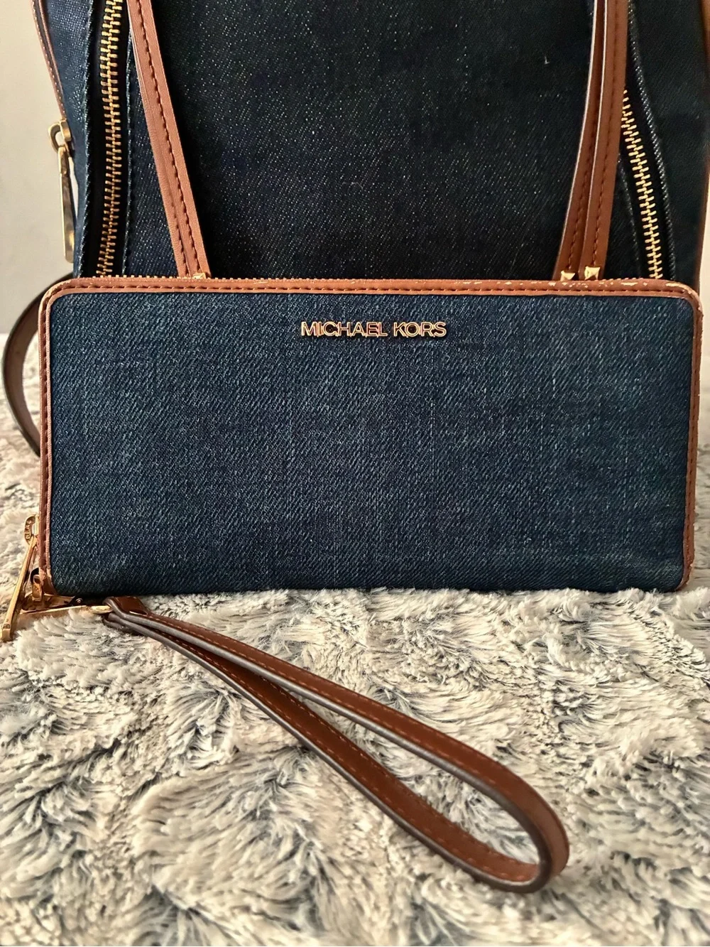 Michael Kors Denim and Brown Leather Backpack & Wallet Set